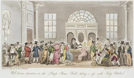 Bekannte Charaktere im Pump Room, Bath, nehmen einen Schluck mit König Bladud, Druck veröffentlicht von Sherwood und Co, 1825